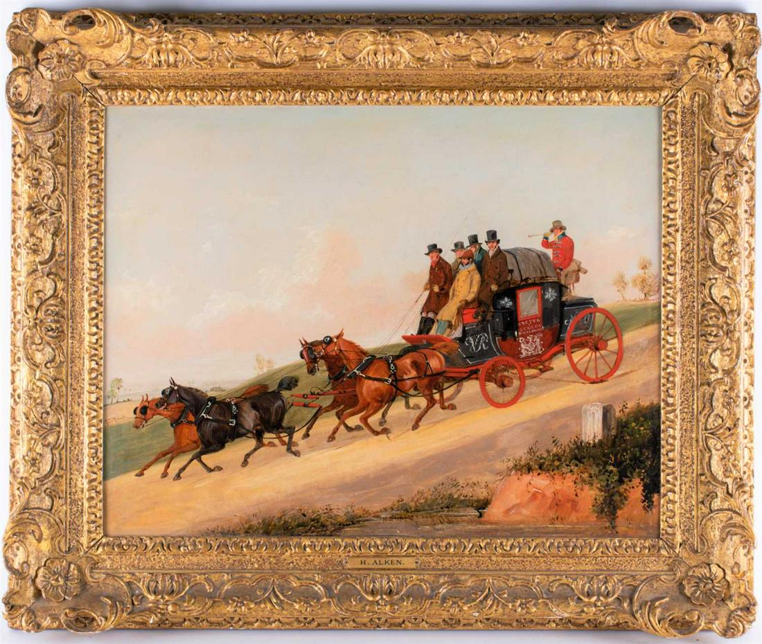 Henry Thomas Alken (1785-1851) British â€˜The Exeter to: Henry Thomas Alken (1785-1851) British â€˜The Exeter to London Mail Coachâ€™, signed: "H.Alken", oil on canvas, within a gilt frame. (Dimensions: 34 cm x 44 cm)(34 cm x 44 cm)
