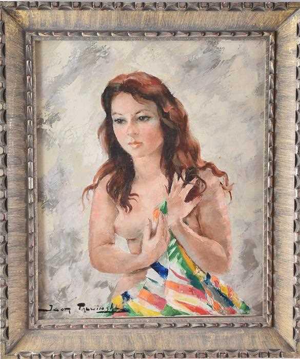 Igor Talwinski (1907-1983) Polish a nude girl holds a: Igor Talwinski (1907-1983) Polish a nude girl holds a brightly coloured cloth up to her breasts, oil on canvas, signed to lower left, in a painted wood frame, 54 x 43.5 cm.