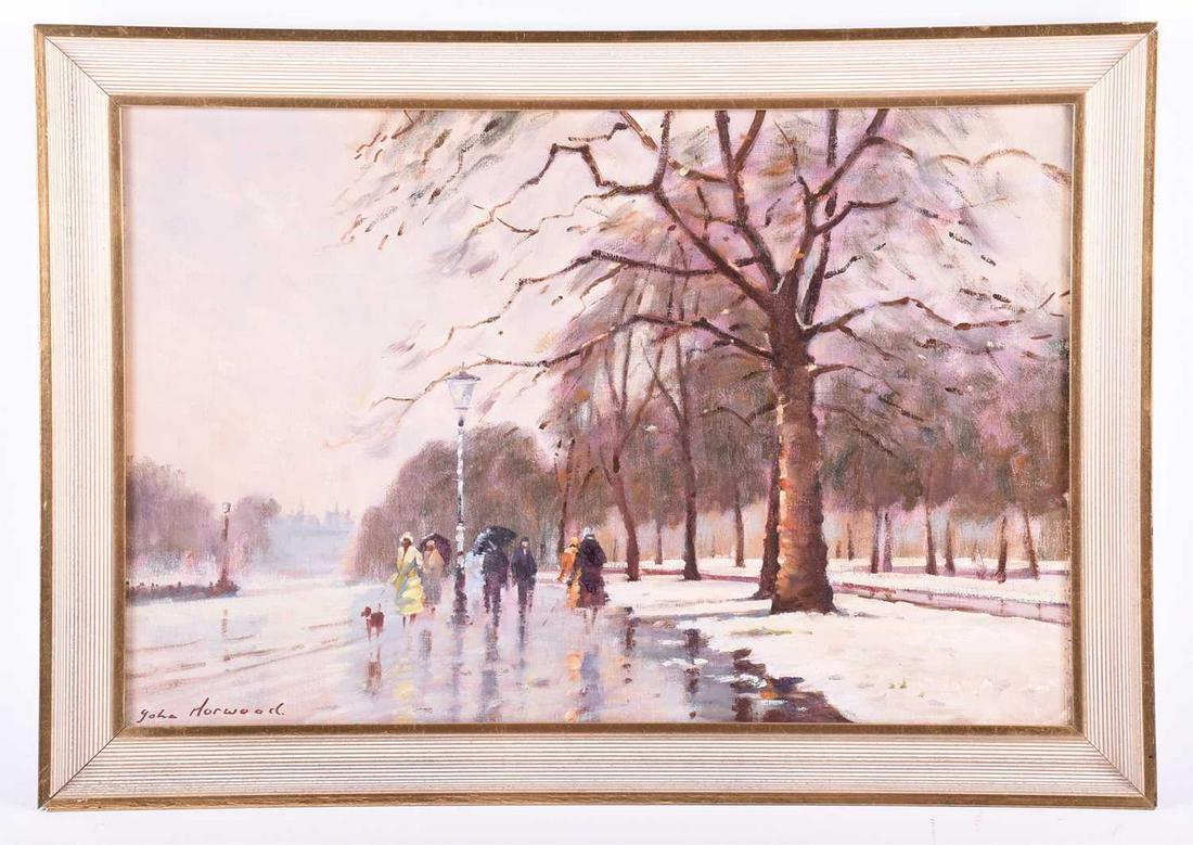 â€ John Anthony Horwood (b.1934) English, depicting: â€ John Anthony Horwood (b.1934) English, depicting figures walking by an avenue, signed lower left, oil on canvas, within a white painted and parcel gilded Degas style frame