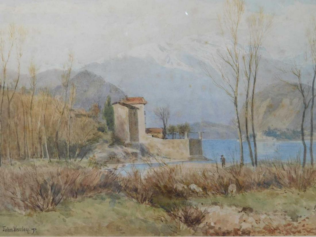 Attributed to John Varley The Younger (British, 1850 -: Attributed to John Varley The Younger (British, 1850 - 1933), 'Laveno, Lake Maggiore', signed, watercolour, titled in ink verso, 25.5cm x 35cm.