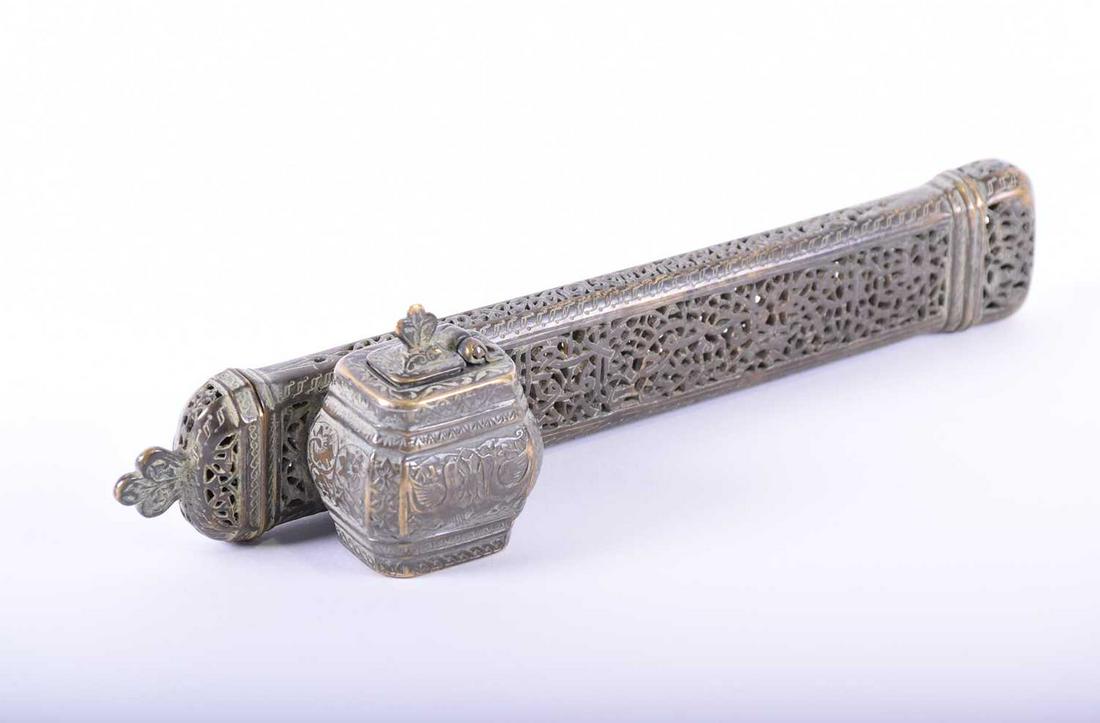 An Islamic Ottoman pierced brass qalamdan, 19th/20th (1 of 3)