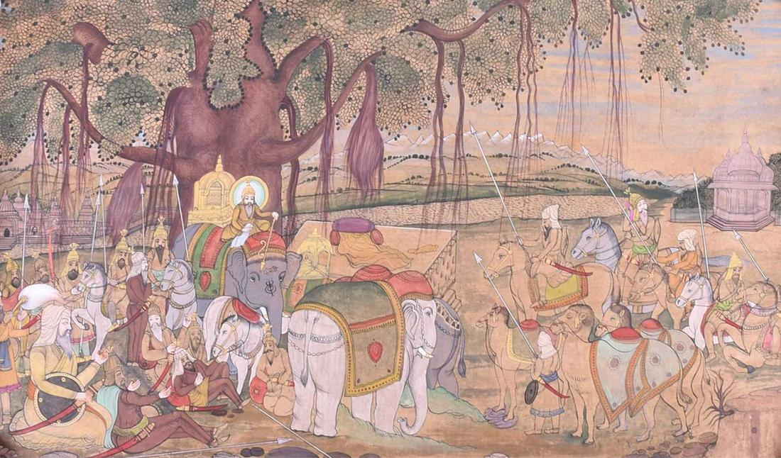 A finely polychrome painted Indian scroll depicting a (1 of 11)