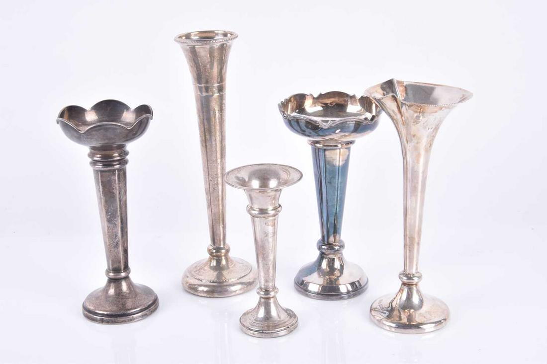 A group of five silver posy vases including one, (1 of 3)
