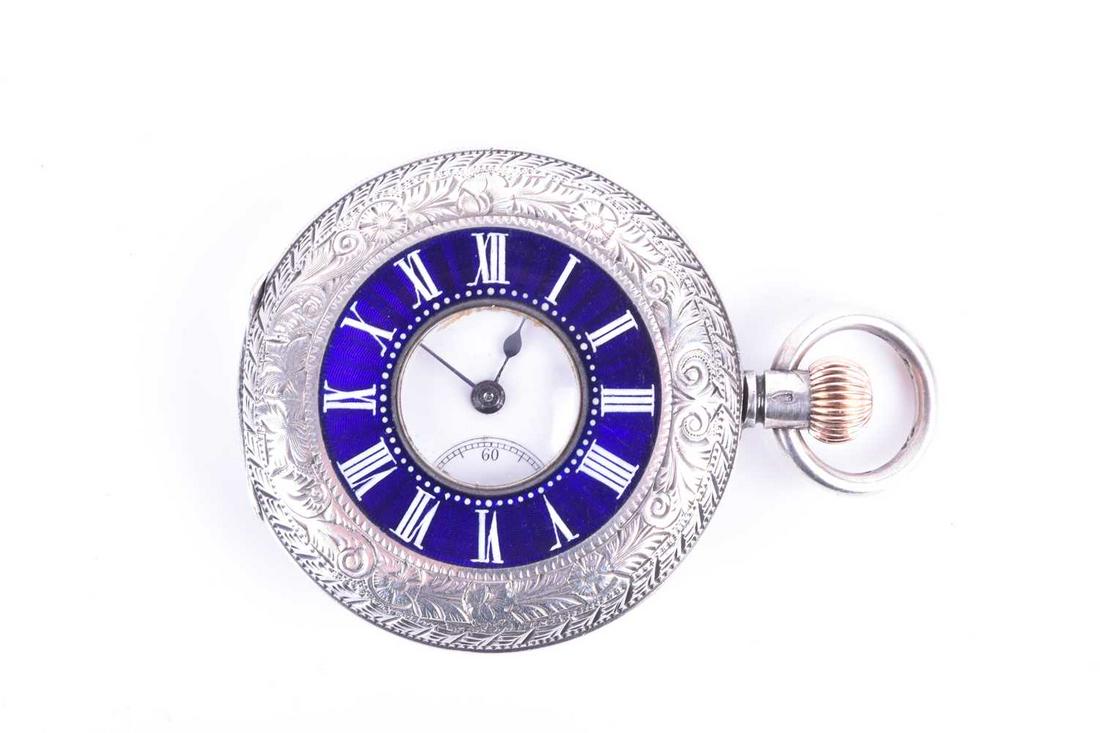 A Victorian silver and enamel half hunter ladies fob: A Victorian silver and enamel half hunter ladies fob watch, the white enamel dial with black Roman numerals, the inner cover signed Sir John Bennett Ltd, Makers to Her Majesty The Queen. With blue ena