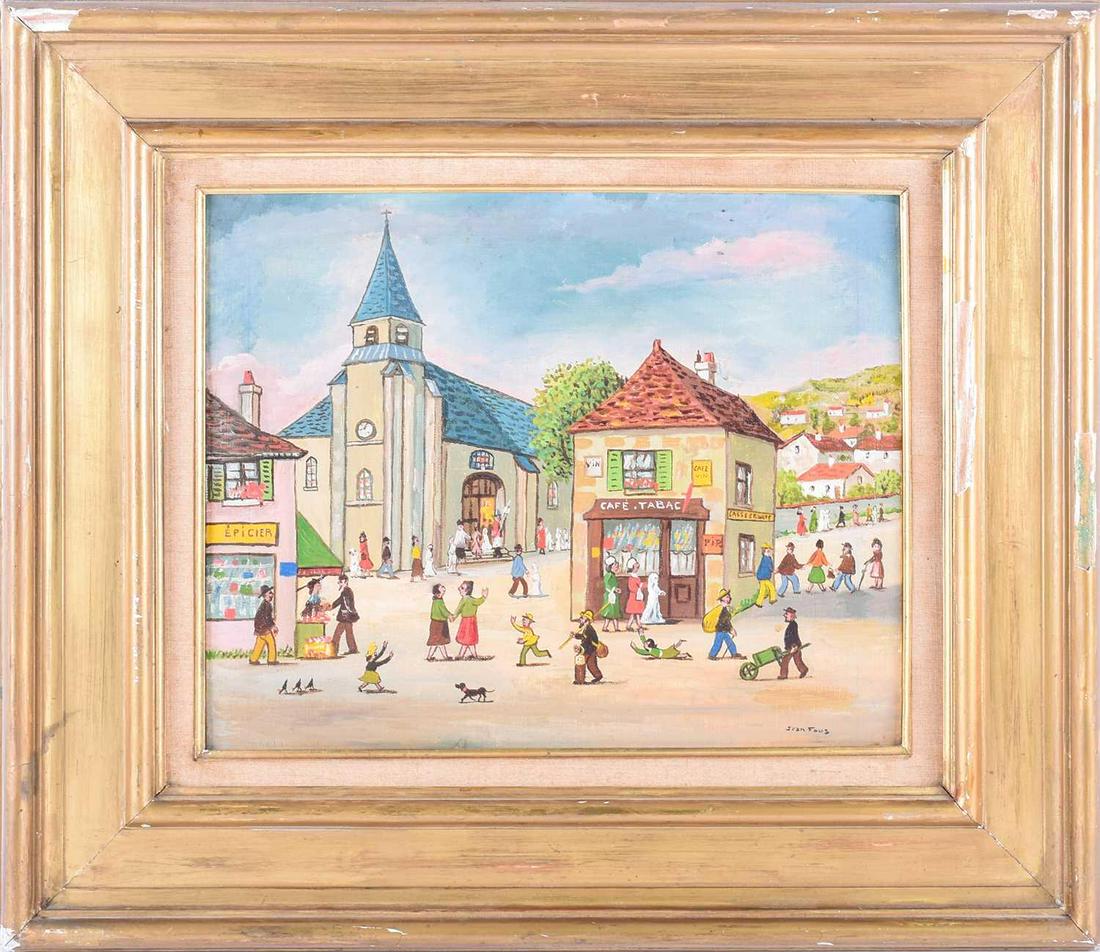 â€ Jean Fous (1901-1971) French, 'Premiere Communion',: â€ Jean Fous (1901-1971) French, 'Premiere Communion', figures in a town setting, oil on panel, signed to lower right corner, titled and signed verso, 31 cm x 38.5 cm in a gilt frame. Footnote: P