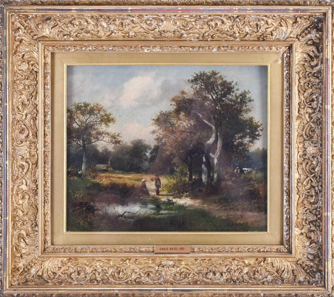 David Bates (1840-1921) British The Edge of the Common,: David Bates (1840-1921) British The Edge of the Common, Malvern, a wooded scene with figures in a clearing, oil on canvas, signed and dated 1881, inscribed verso, in a gilt gesso frame, glazed. 25 x 3