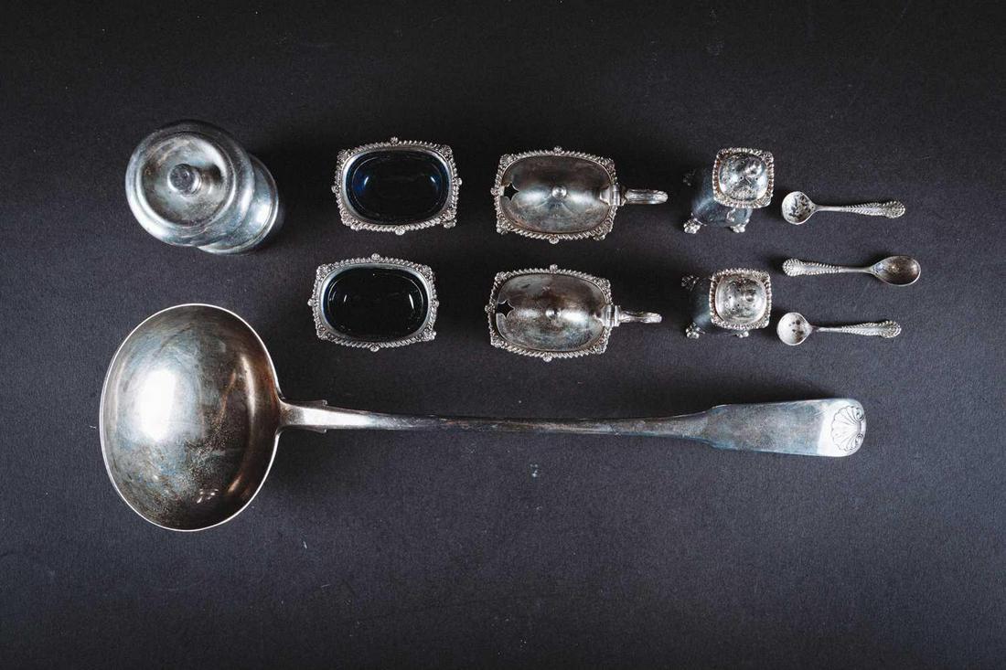 A large George III Scottish silver ladle, Edinburgh: A large George III Scottish silver ladle, Edinburgh 1819, by James Smith, 36 cm long, together with assorted silver cruets, various dates and makers, 419g of weighable silver.Condition report: Tarnish