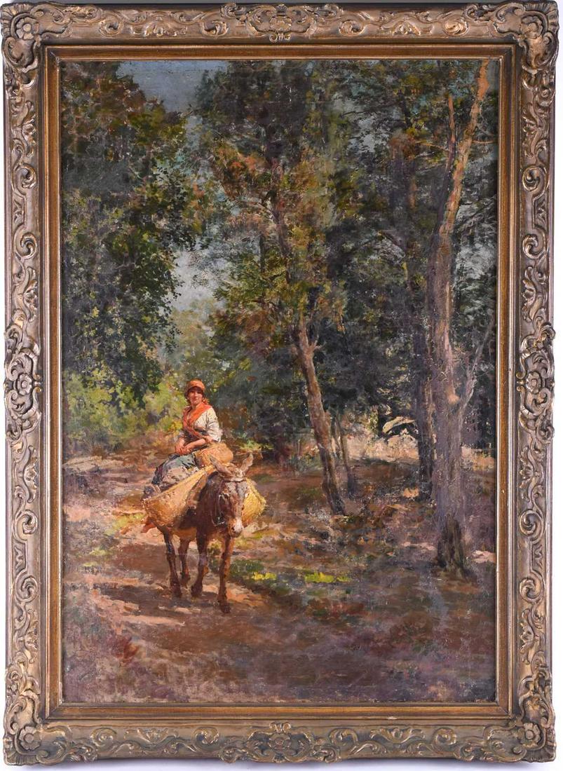 â€ Eduardo Matania (1847-1929) Italian, a gypsy: â€ Eduardo Matania (1847-1929) Italian, a gypsy traveller riding a donkey in a forest, signed E. Matania, oil on canvas in a carved gilt frame. 77.5cm x 56.5cm.
