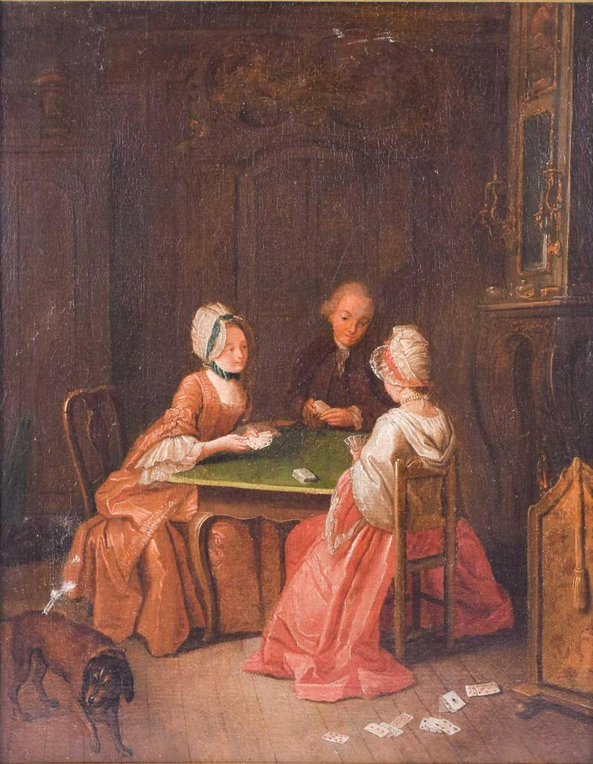 Circle of Nicolas Bernard Lépicié (1735-1784), three: Circle of Nicolas Bernard Lépicié (1735-1784), three figures seated and playing cards, a dog to the foreground, oil on canvas, 47 cm x 37 cm in a gilt frame.