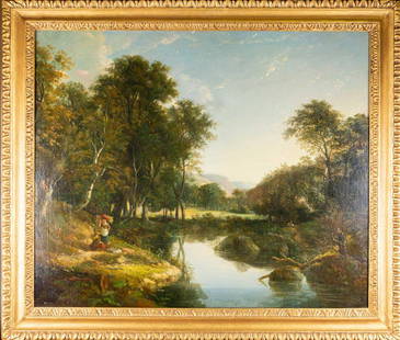 William Traies (1789-1872) British, 'Upper Reaches of: William Traies (1789-1872) British, 'Upper Reaches of the Dart', a rural landcape with figures beside a river, mountains to the background, oil on canvas, 61 cm x 74.5 cm in a gilt frame. Footnote: