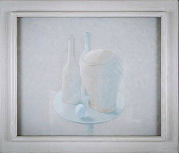 †David Tindle (born 1932) British, 'The Standing: †David Tindle (born 1932) British, 'The Standing Egg', still life study, egg tempera on gesso panel, 25 cm x 30 cm, glazed in a wooden frame.
