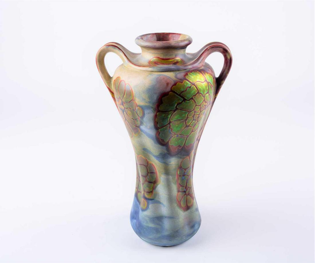 A Zsolnay Pecs irridescent vase of art nouveau design, (1 of 3)