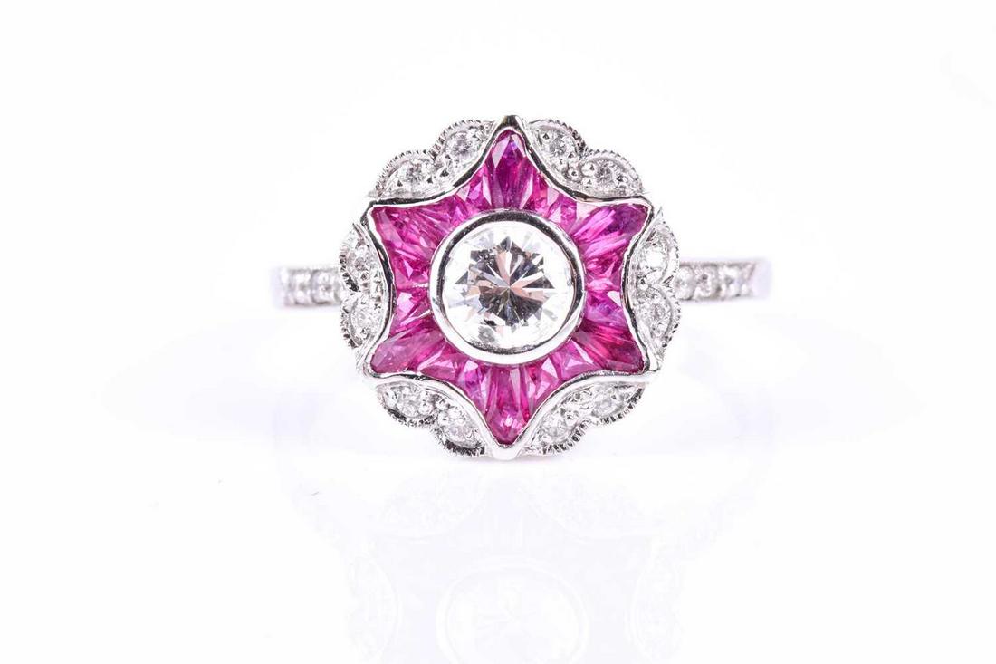 An 18ct white gold, diamond, and ruby ring, in a target (1 of 3)
