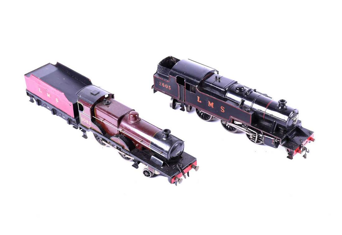 A Bassett-Lowke O gauge 2-6-4 electric locomotive, 2603: A Bassett-Lowke O gauge 2-6-4 electric locomotive, 2603 LMS black livery, together with a Basset-Lowke O gauge locomotive and tender, in maroon livery, LMS 1082, each unboxed. Being sold in aid of Can