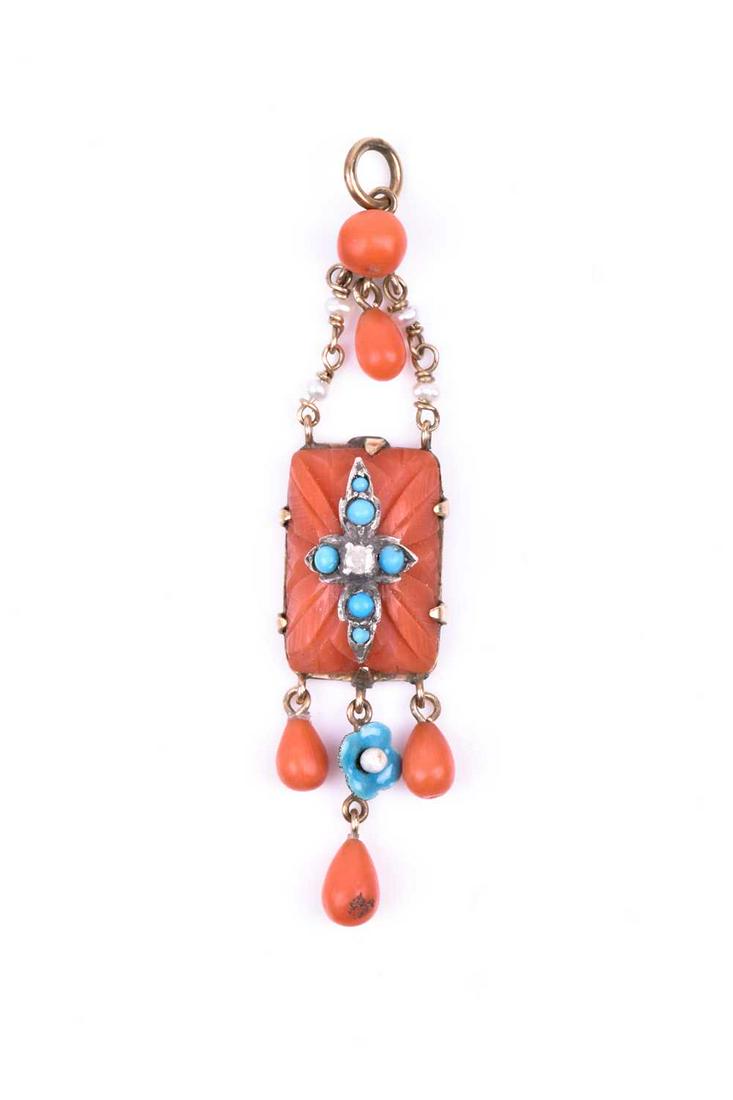 A late 19th / early 20th century 9ct yellow gold,: A late 19th / early 20th century 9ct yellow gold, coral, and turquoise pendant, set with a rectangular carved coral plaque, inset with a turquoise and diamond set cross, suspended with three pear-shap