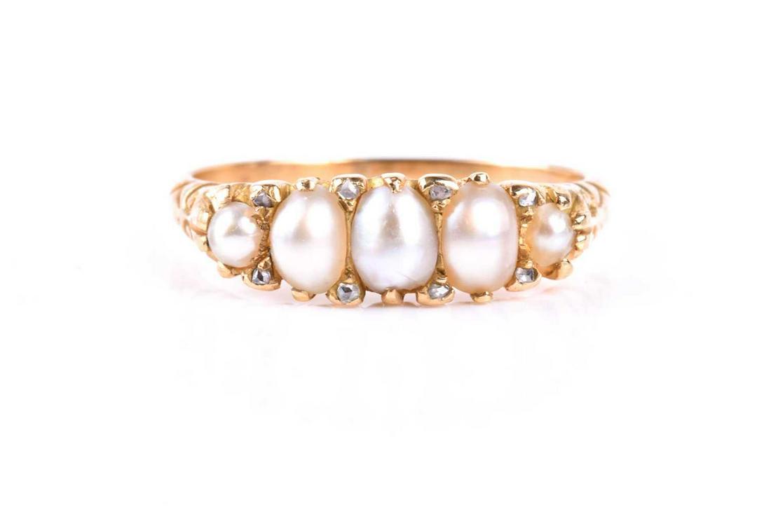 A yellow metal, diamond, and pearl ring, set with five (1 of 6)