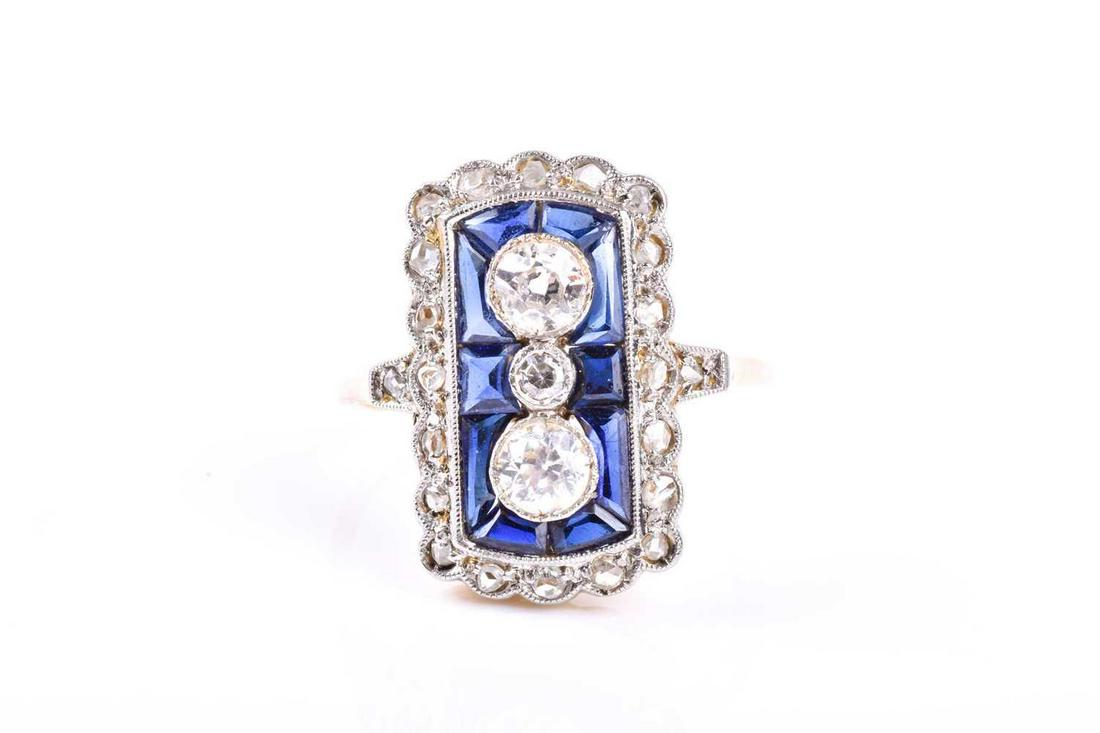 An Art Deco style sapphire and diamond ring, rounded (1 of 3)