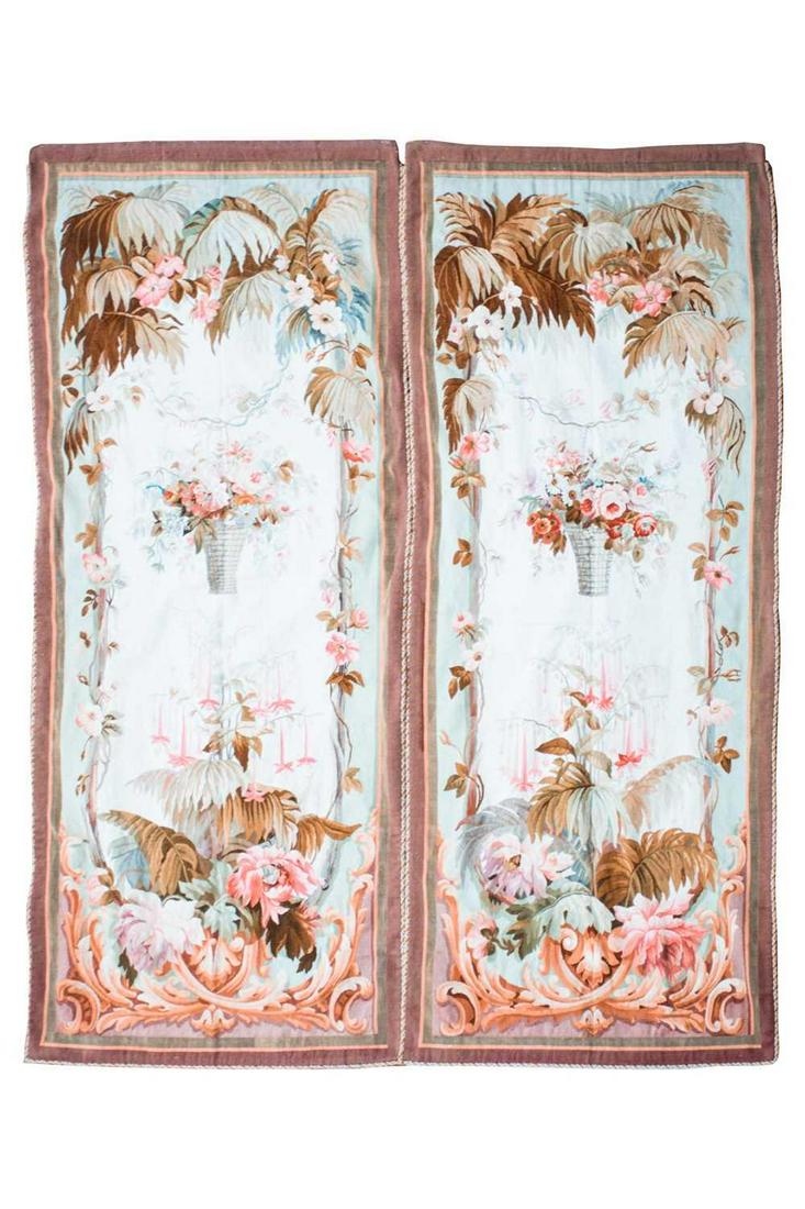 A pair of large rectangular Aubusson style floral: A pair of large rectangular Aubusson style floral tapestries, possibly 19th century, 246cm x 103cm