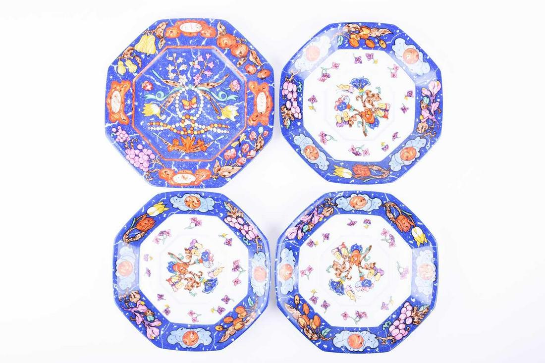 A Hermes Porcelaine Limoges octagonal plate,: A Hermes Porcelaine Limoges octagonal plate, "Marqueterie" de Pierres d'Orient et d'Occident mark to base, 19.5 cm diameter, together with a set of three further plates, 18 cm diameter. (Qty: 4) Qty: 