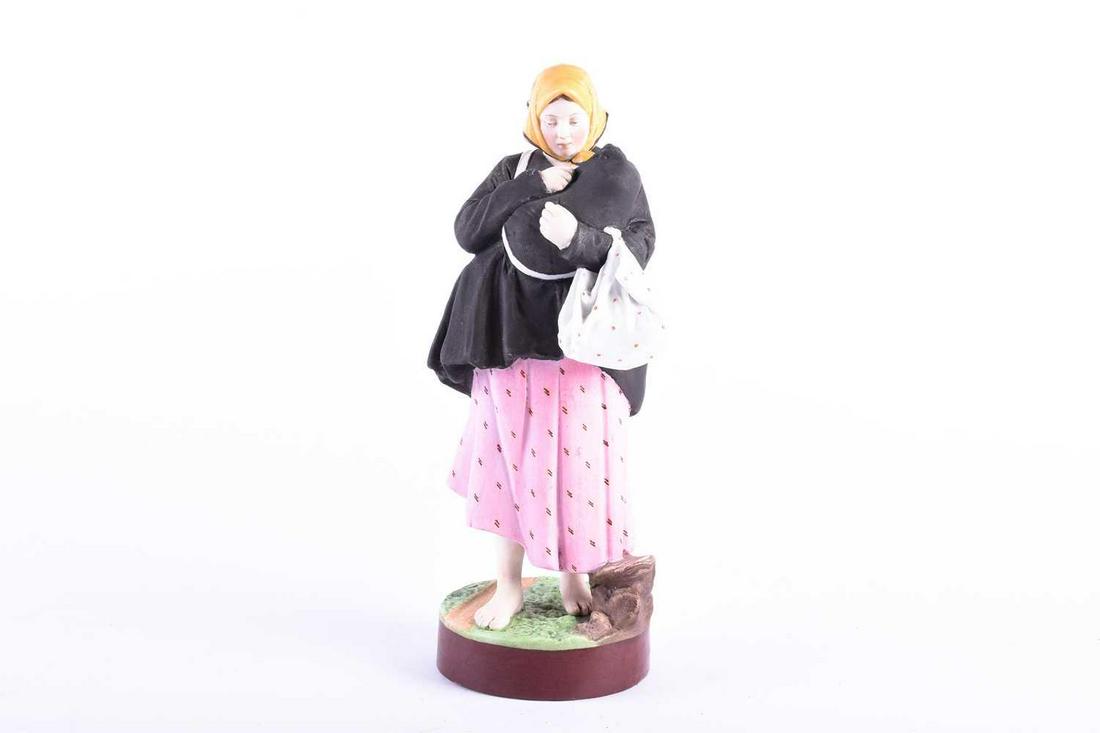 A 19th century Russian Gardner Porcelain figure,: A 19th century Russian Gardner Porcelain figure, 'Bitter Share', modelled as a peasant woman carrying a baby, painted in polychrome enamels, on an integral circular base, 22.5 cm high, impressed and p