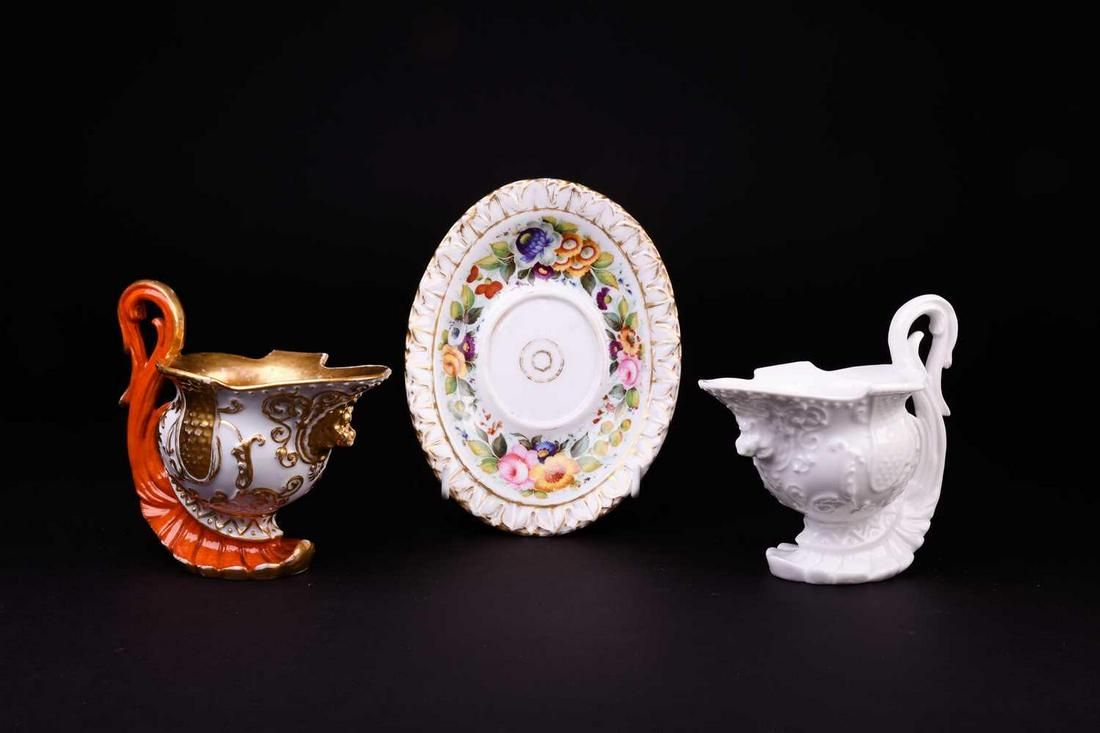 A 19th century Jacob Petit French porcelain helmet jug: A 19th century Jacob Petit French porcelain helmet jug with scroll handle, gilt finished on a white ground, 11 cm high, together with a a dish by the same maker, and a Meissen jug blanc de chine helme