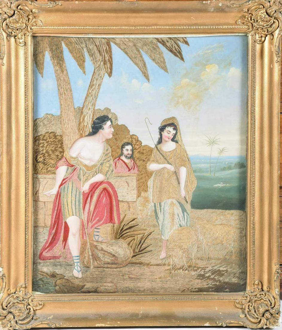 The meeting of Jacob and Rachel, a 19th century silk: The meeting of Jacob and Rachel, a 19th century silk work on canvas, with hand painted landscaped background, 56cm x 46cm