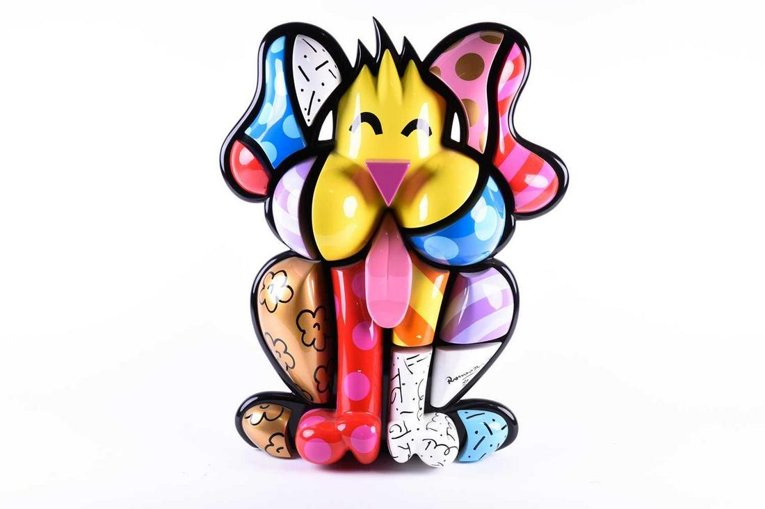 Romero Britto (b.1963) Brazilian, a large limited: Romero Britto (b.1963) Brazilian, a large limited edition three-dimensional abstract figure of a dog, mixed materials, hand-signed and numbered 23/50, 50 cm x 38 cm.