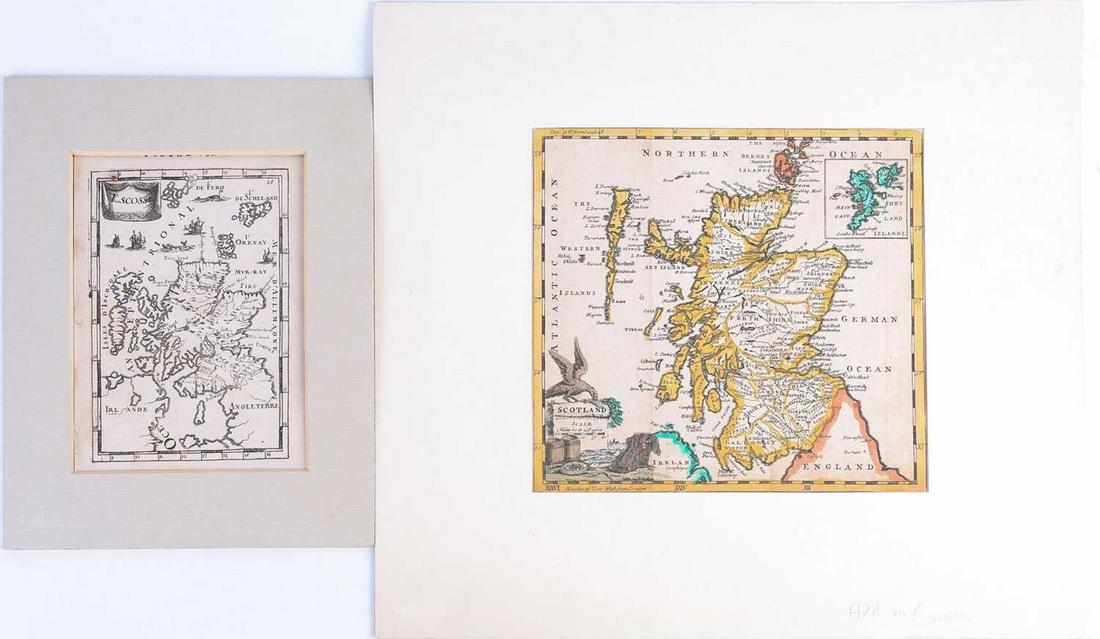 A 17th century map of Scotland (Escosse sic), taken: A 17th century map of Scotland (Escosse sic), taken from A M Mallet, Description de L'Univers, Paris, 1683, 21cm x 14cm overall, and a hand tinted 18th century map of Scotland, c1762, 22cm x 19.5cm x