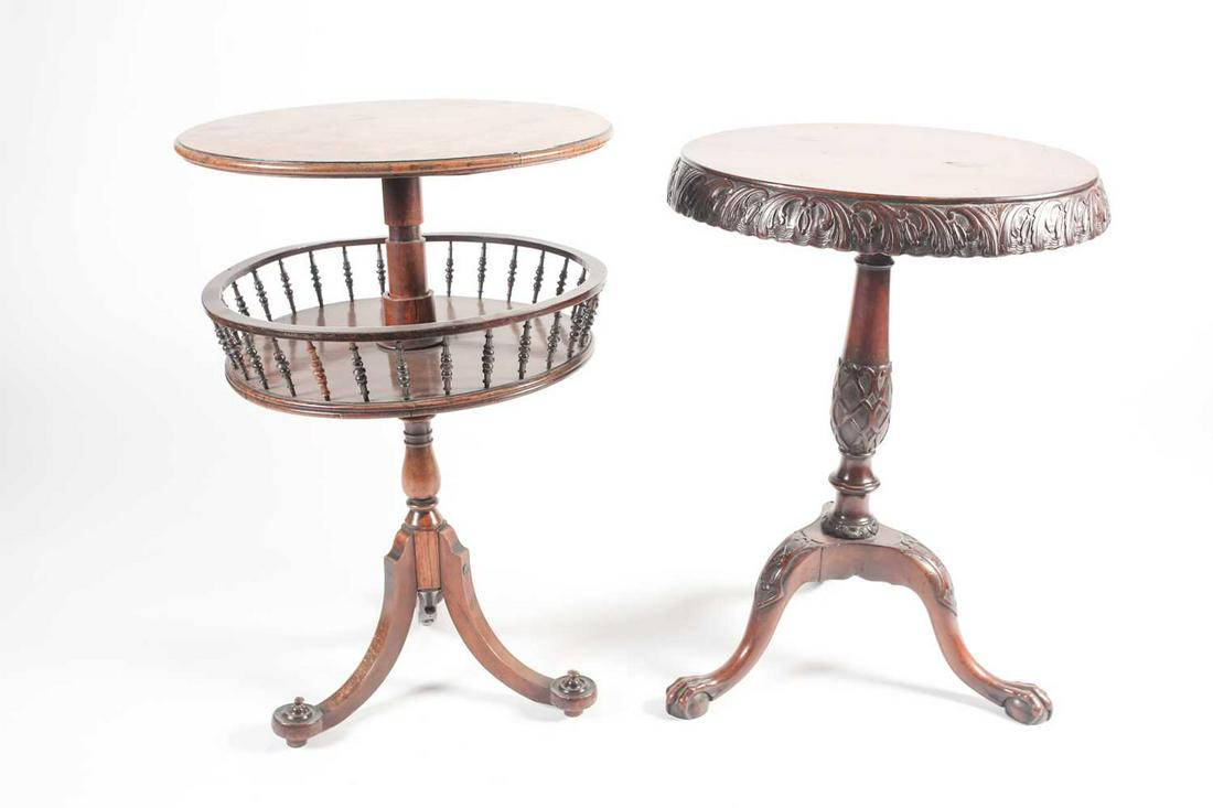 A Victorian circular, rosewood, and floral marquetry: A Victorian circular, rosewood, and floral marquetry tripod work table with gallery under tier, raised on inverted sabre supports with capstan feet. 48cm diameter, together with a part 18th century ma