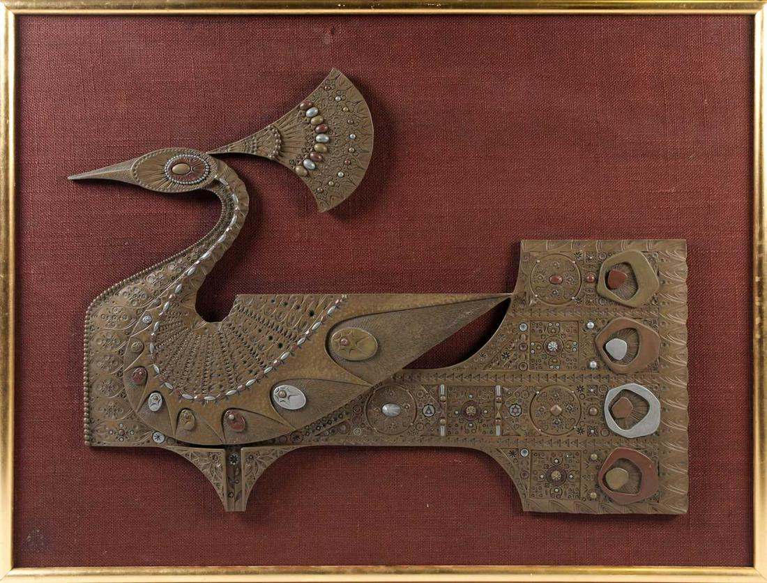 Giovanni Schoeman (1940-1981) South African, a mixed: Giovanni Schoeman (1940-1981) South African, a mixed metal sculpture of a peacock mounted to a textile board, frame size 80cm x 105 cm.