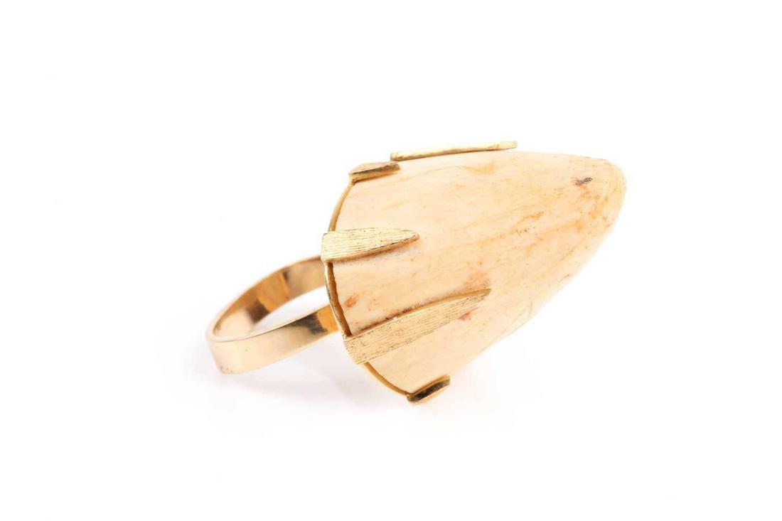 Grima. An unusual 18ct yellow gold and walrus tooth: Grima. An unusual 18ct yellow gold and walrus tooth ring, set with the tip of the tooth, measuring approximately 2.5 cm high, with seven engine-turned claws, the ring shank of slightly triangular form