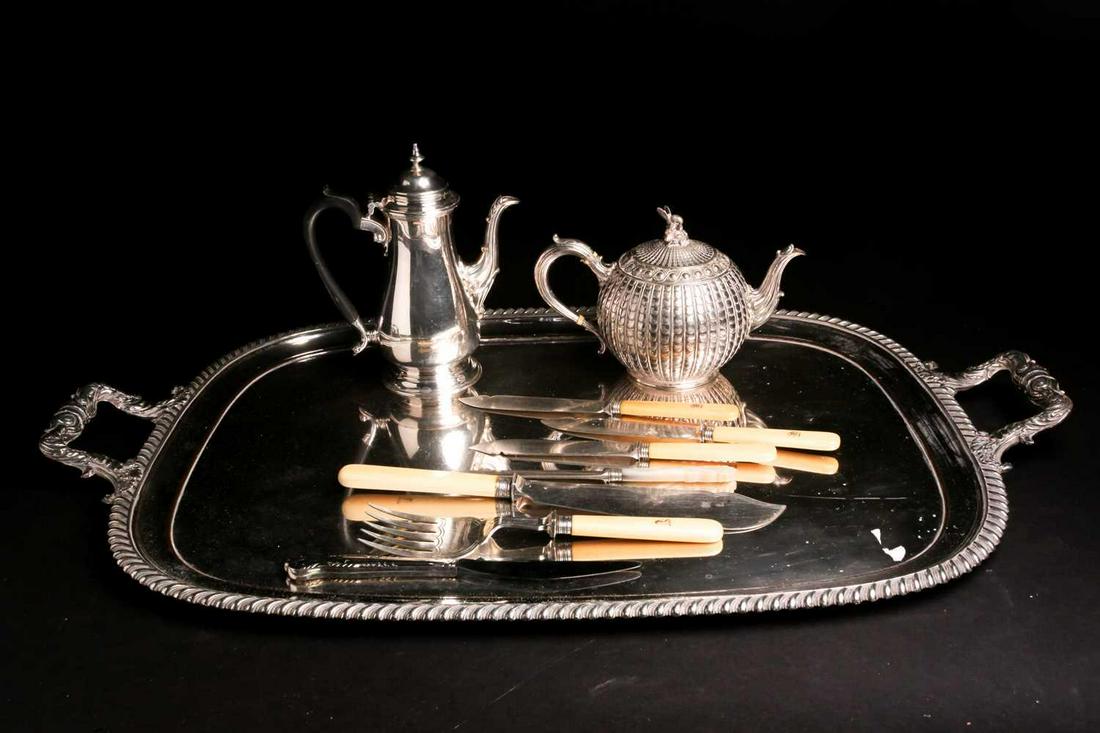 A large silver-plated rectangular tray, with gadrooned (1 of 7)