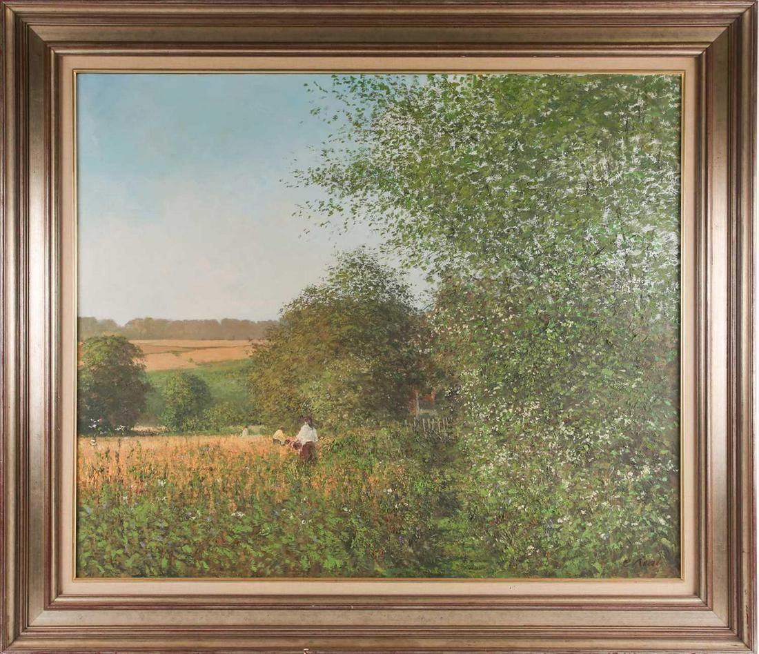 â€ Charles Neal (b.1951) British, 'Women Gleaning', a: â€ Charles Neal (b.1951) British, 'Women Gleaning', a large impressionist style oil on canvas, signed to lower right corner, titled verso, 76 cm x 91 cm in a gilt frame.