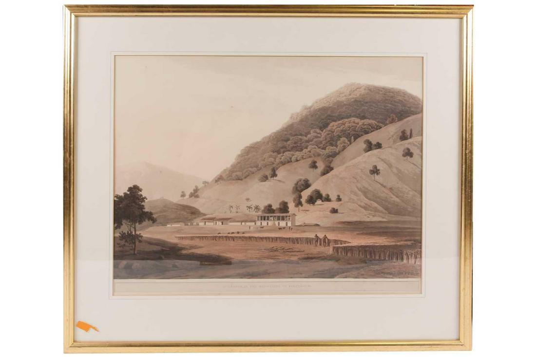 After Thomas Daniell R.A. (1749-1840) and William: After Thomas Daniell R.A. (1749-1840) and William Daniell (1769-1837), 'Jugeanor, in the Mountains of Sirinagur', hand-coloured aquatint 'from Oriental Scenery (1795-1808)', 45 cm x 59cm glazed in a g