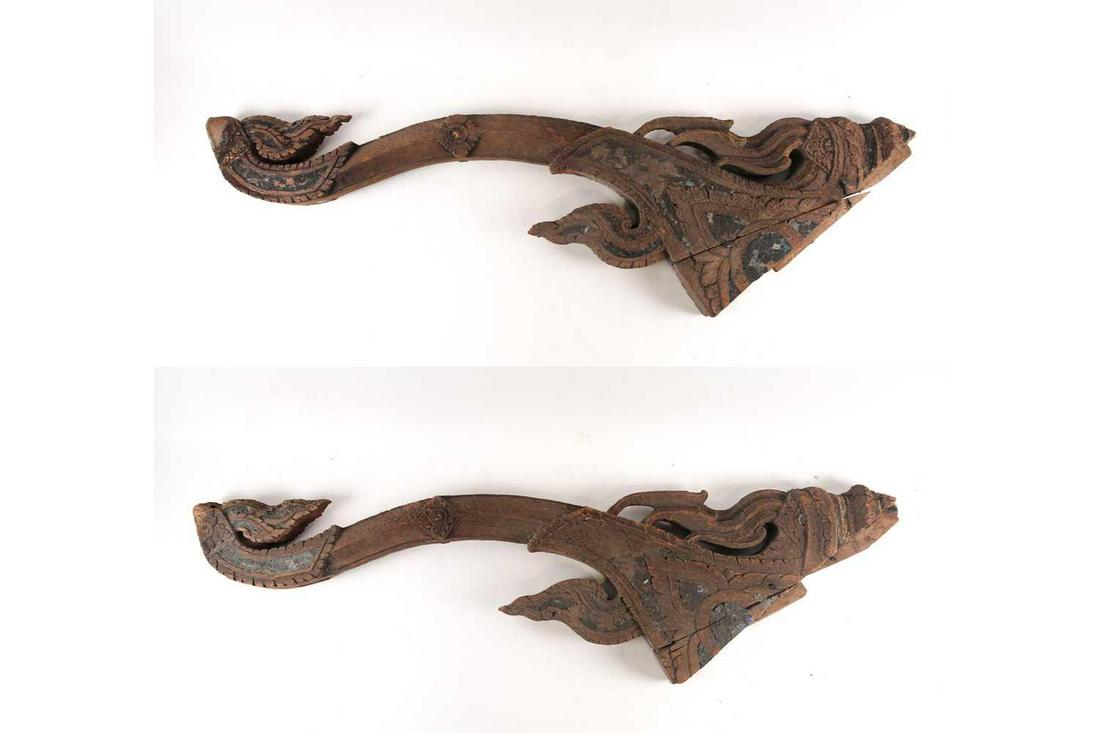 A pair of painted wood Temple door supports, possibly: A pair of painted wood Temple door supports, possibly Tibetan, each circa 142 cm x 40 cm. (Qty: 2) Qty: (2)
