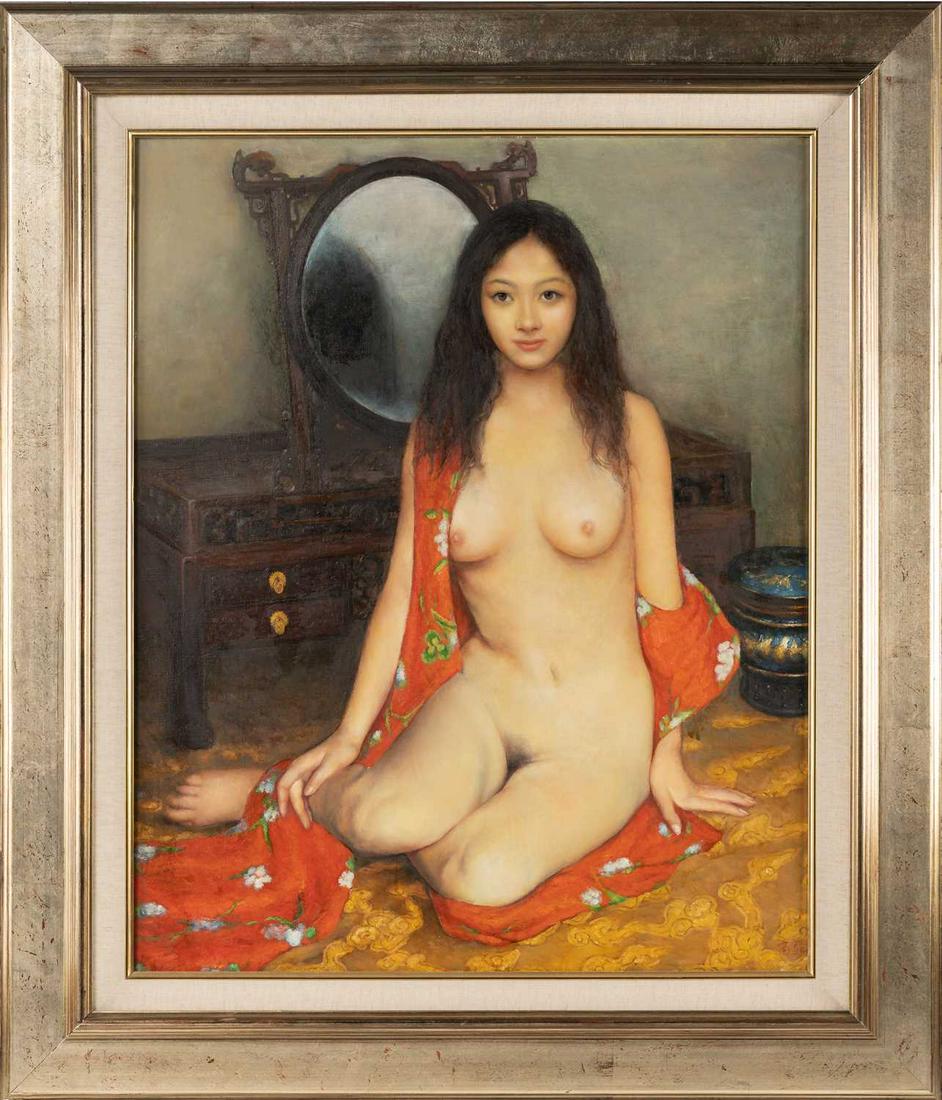 20th Century Japanese School, study of a nude at a dressing table, signed, oil on canvas, 79 x 64: 20th Century Japanese School, study of a nude at a dressing table, signed, oil on canvas, 79 x 64 cm, framed