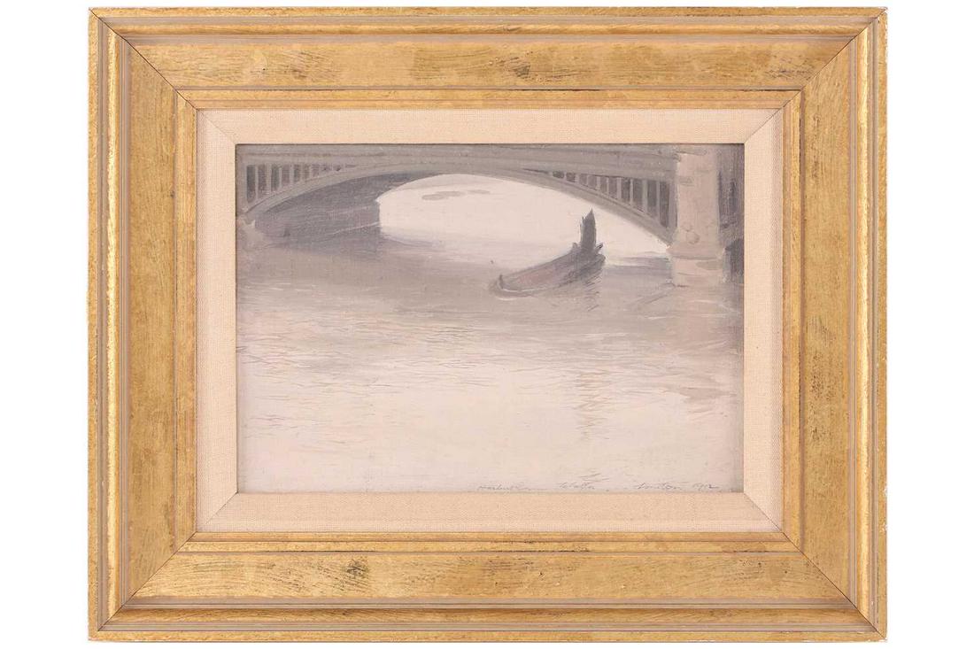 â€ Sir Herbert James Gunn (1863-1964) British, a boat beneath a bridge on the Thames, soil on: â€ Sir Herbert James Gunn (1863-1964) British, a boat beneath a bridge on the Thames, soil on panel, signed and dated 1912, 16.5 cm x 24 cm in a gilt frame. Private collection.