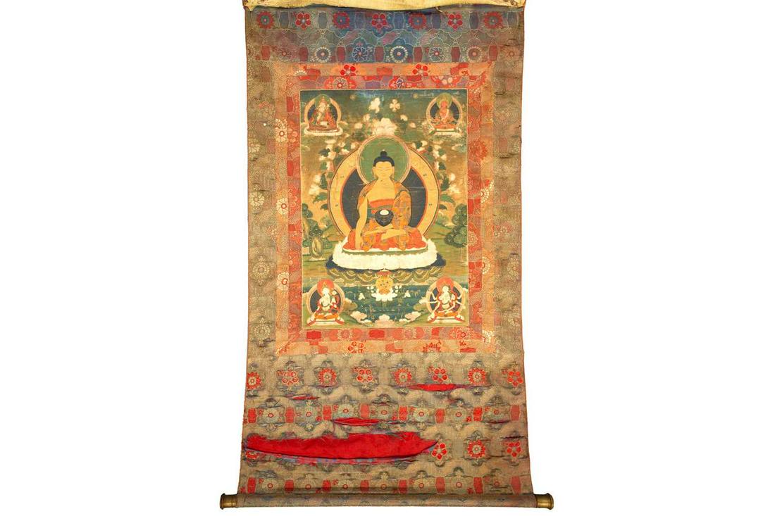 A Tibetan Thangka, early 20th century, Sakyamuni Buddha, seated on a cloud cushion within a garden (1 of 18)