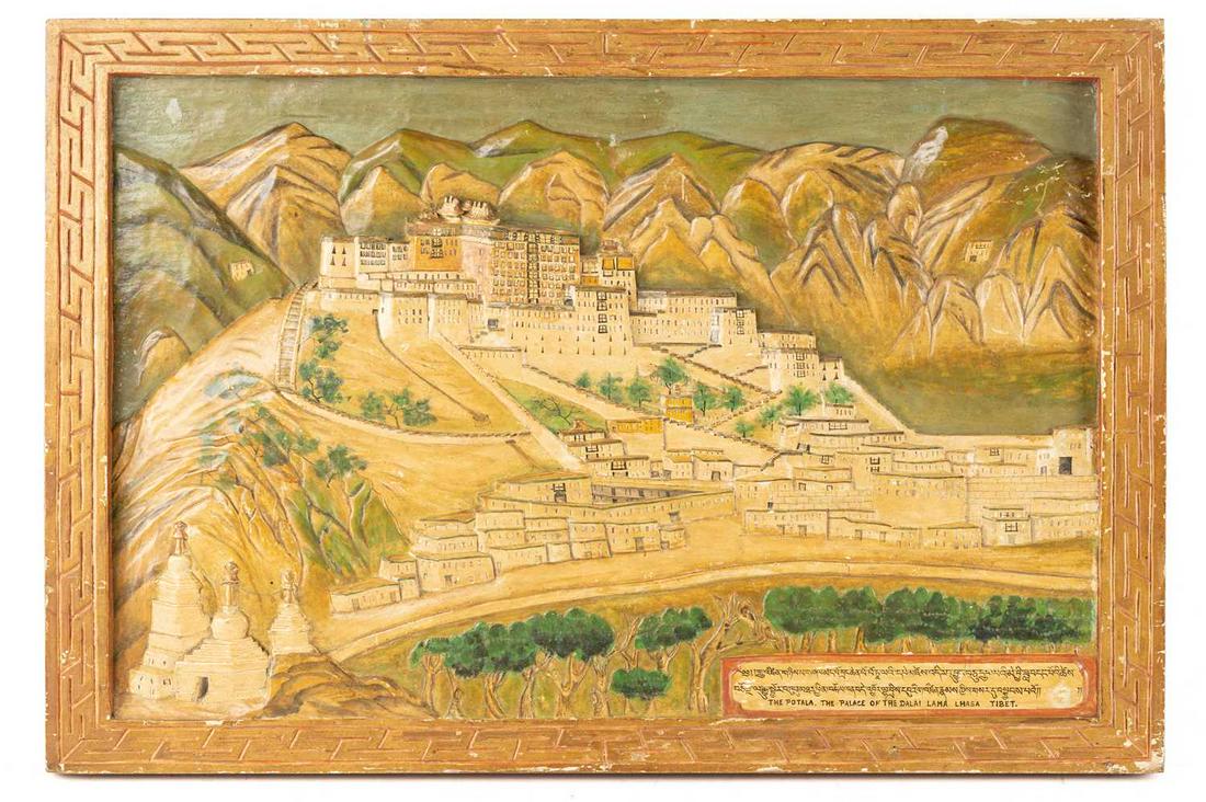 A relief carved wood panel of the Potala Palace, Lhasa, Tibet, inscribed as being carved during the (1 of 6)