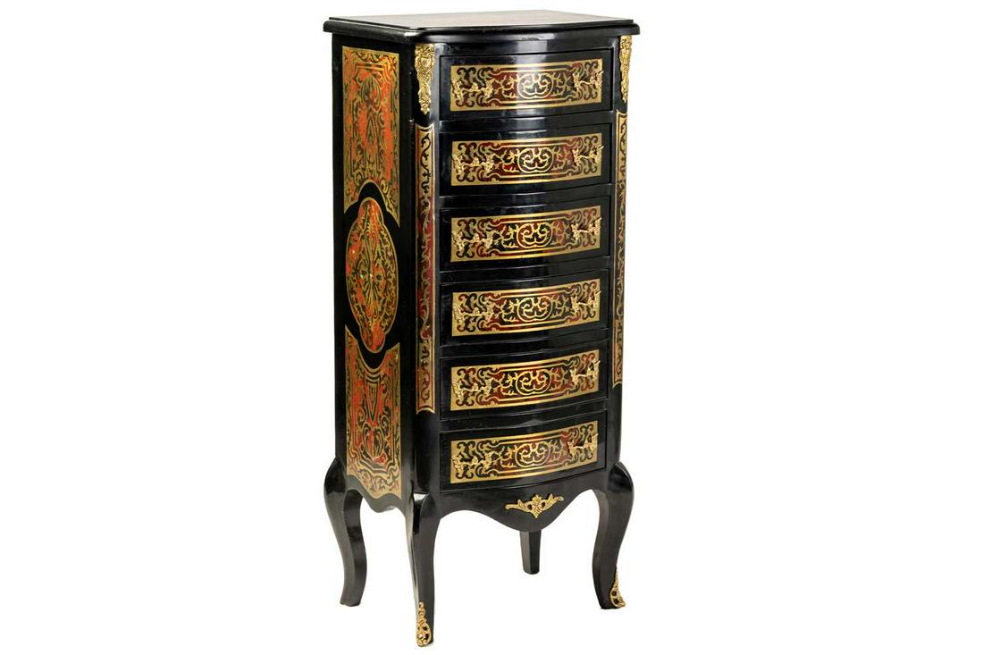 A Napoleon III style ebonised and faux shell Boule pedestal chest of six drawers with cast and gilt: A Napoleon III style ebonised and faux shell Boule pedestal chest of six drawers with cast and gilt mounts throughout and elaborate brass inlay, supported by shaped cabriole legs. 49 cm wide x 36 cm d