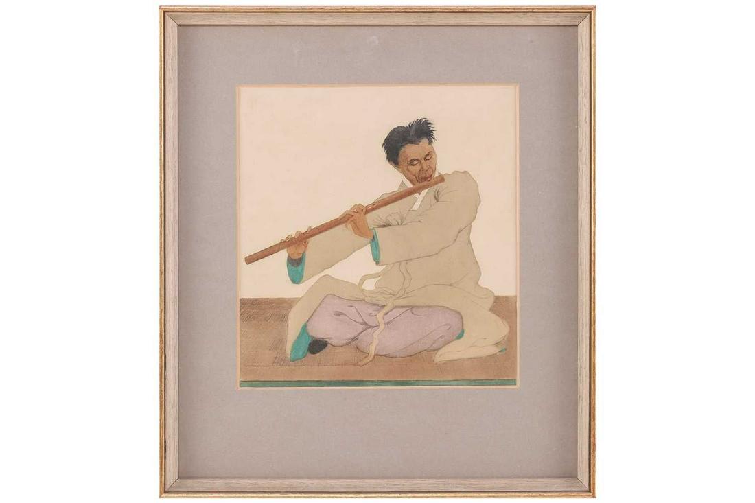 Elizabeth Keith (1887 - 1956), ' The Flautist', engraving and aquatint, 23 cm x 21 cm framed and (1 of 8)
