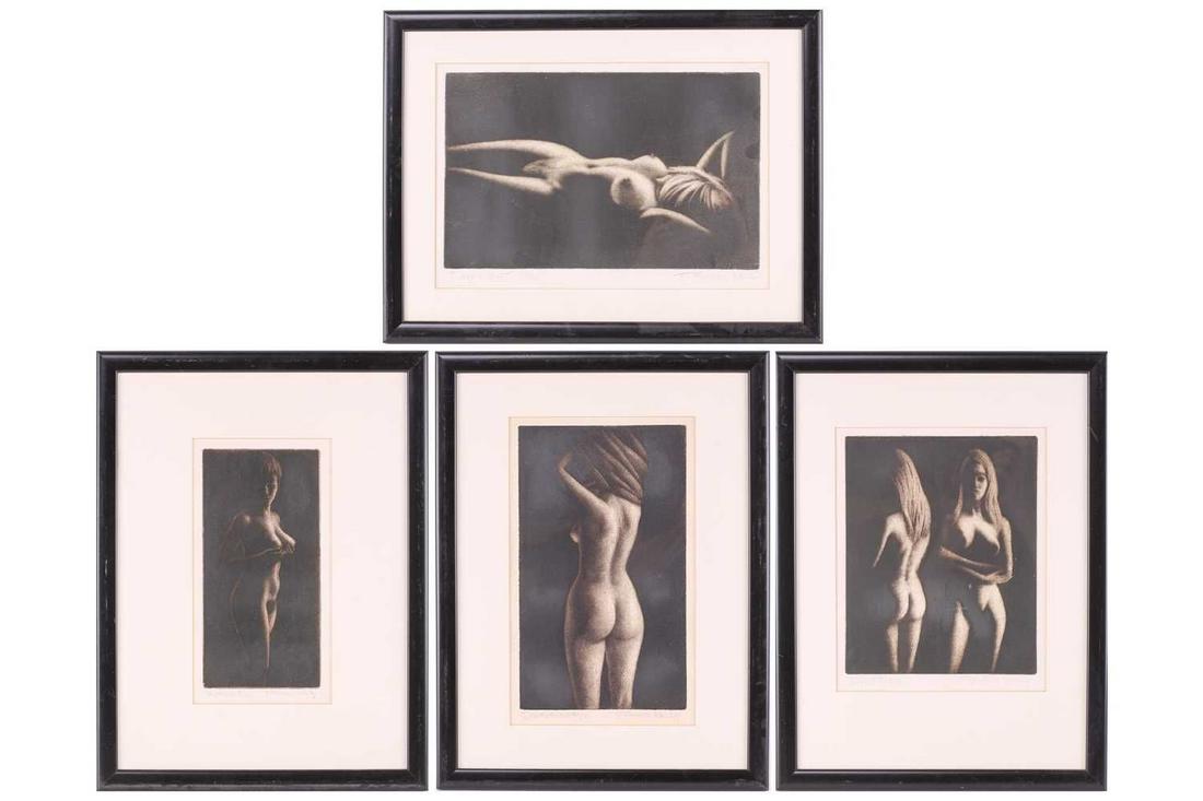 Francis Robert Kelly (1997-2012) American, four signed limited edition prints, 'Woman', 'Daylight',: Francis Robert Kelly (1997-2012) American, four signed limited edition prints, 'Woman', 'Daylight', 'Disrobing' and 'Duo', each circa 16 cm x 21 cm framed and glazed. Qty: (4)