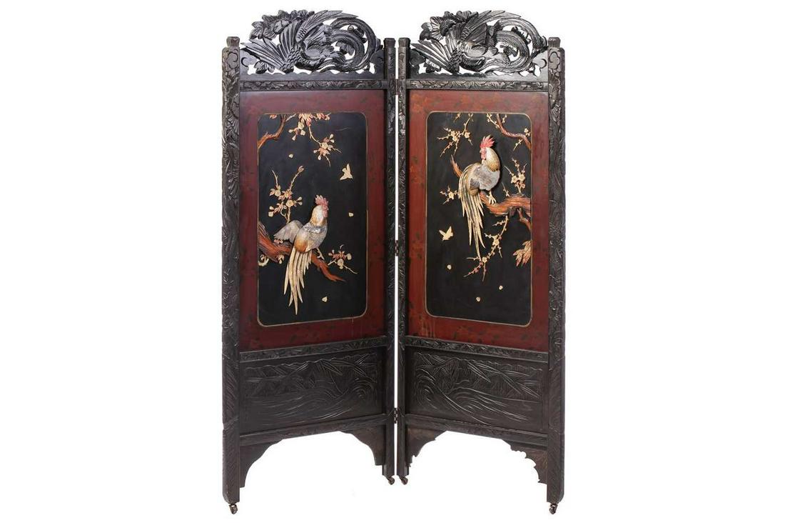 A Japanese carved and lacquered wood two-fold dressing screen, Meiji, late 19th/20th century, each: A Japanese carved and lacquered wood two-fold dressing screen, Meiji, late 19th/20th century, each panel with carved and pierced Japanese pheasant design with inlaid views of ornamental fowl in abalon
