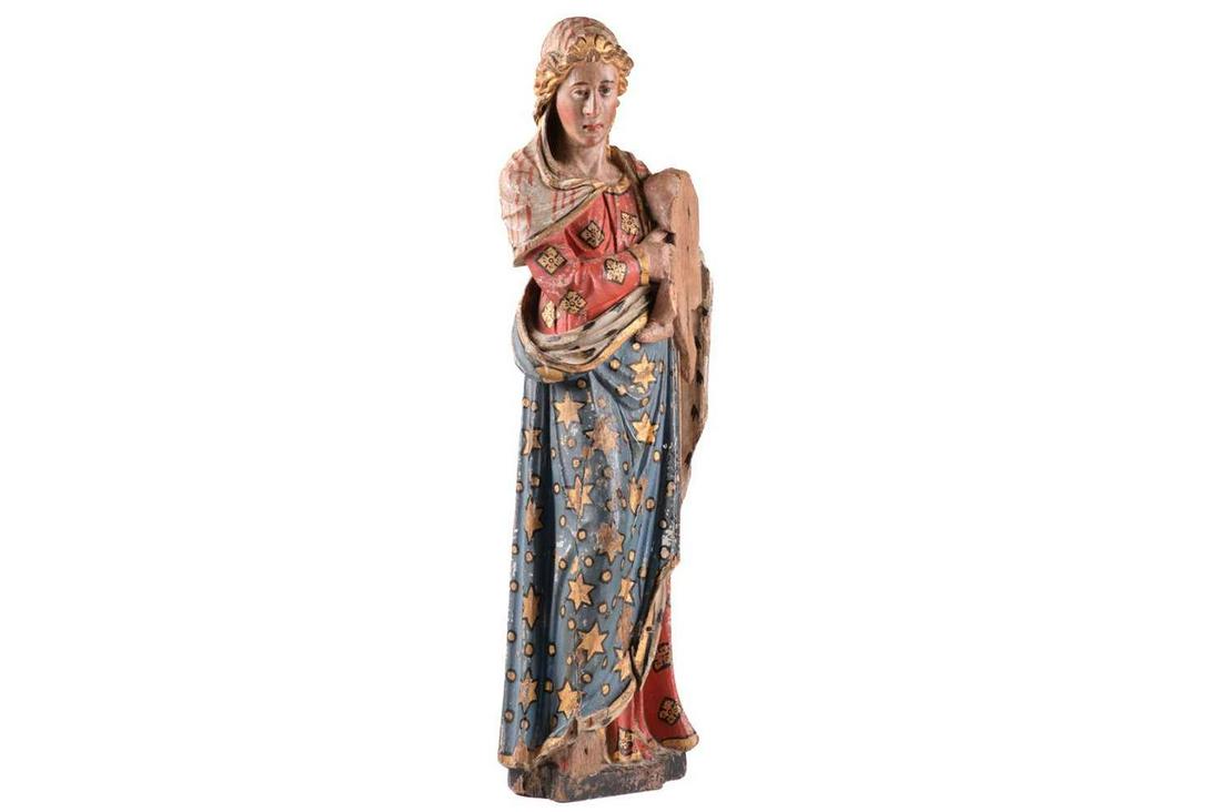 A polychromic painted carved oak figure of The Madonna and Child, possibly Northern European 18th: A polychromic painted carved oak figure of The Madonna and Child, possibly Northern European 18th century, with later re-painting. 67 cm high The infant Jesus is now missing and the figure has seen so