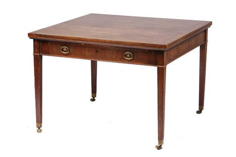 A documented George III mahogany 'Universal Table' to a design by Thomas Sheraton, early 19th: A documented George III mahogany 'Universal Table' to a design by Thomas Sheraton, early 19th century, the panelled square top strung with a parquet line above two sliding drawer leaves and a universa