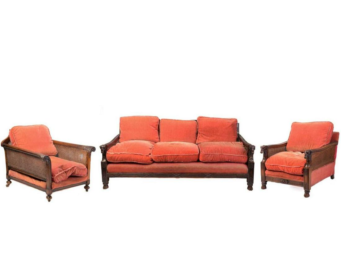 A carved walnut three-seat Bergere sofa and matching club chair, early 20th century, each with (1 of 12)