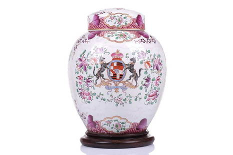 A Samson of Paris porcelain armorial vase and cover, late 19th century, painted in the famille rose: A Samson of Paris porcelain armorial vase and cover, late 19th century, painted in the famille rose palette, the armorial with legend 'Frangas non Flectes' (Break, not Bend - The Virtue of Honesty), w