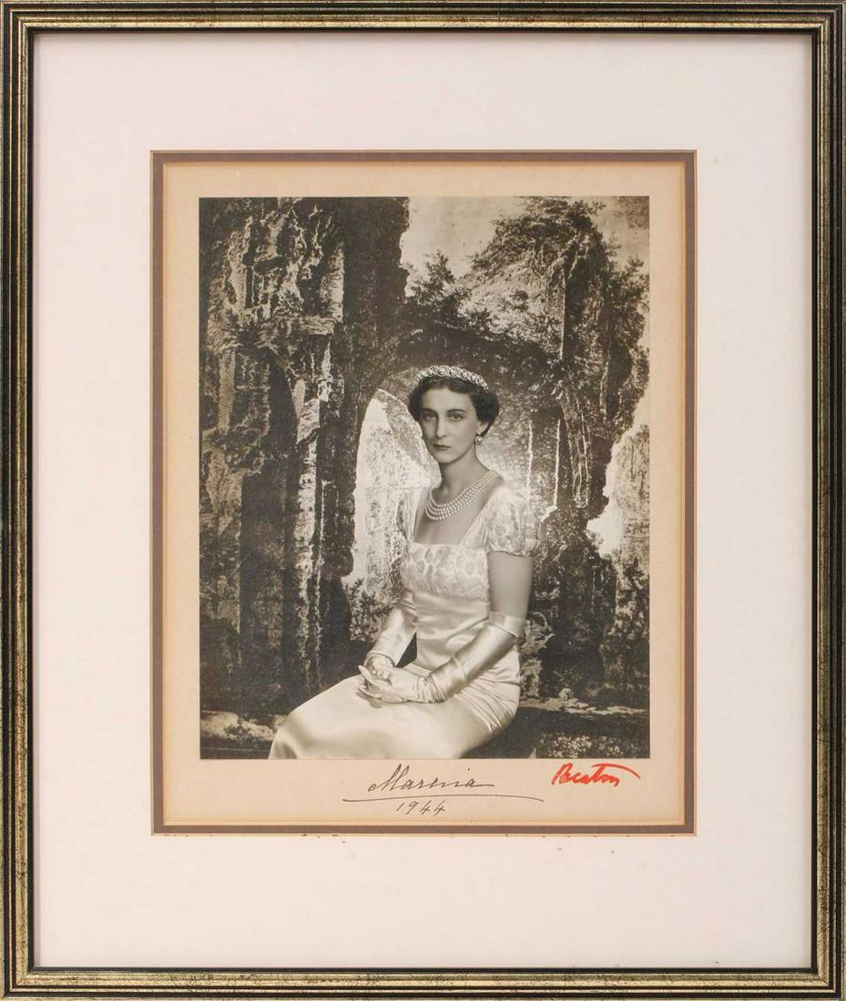 â€ Cecil Beaton (1904-1980), a portrait of Marina, Duchess of Kent, gelatin silver print, signed by: â€ Cecil Beaton (1904-1980), a portrait of Marina, Duchess of Kent, gelatin silver print, signed by Beaton in red marker to the margin, also signed by the sitter, dated 1944, 23 cm x 18.5 cm fram