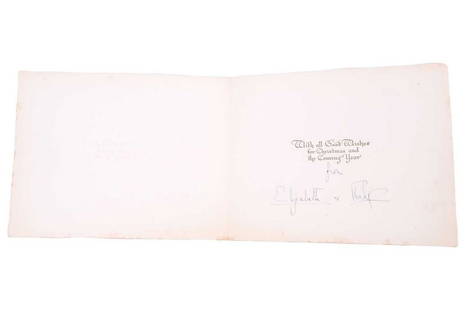 Queen Elizabeth II and Prince Philip: a rare 1948 signed Christmas card from the Royal couple, the: Queen Elizabeth II and Prince Philip: a rare 1948 signed Christmas card from the Royal couple, the cover bearing an image of 'Edinburgh from Arthur's Seat', after Thomas Hearne, signatures of both in