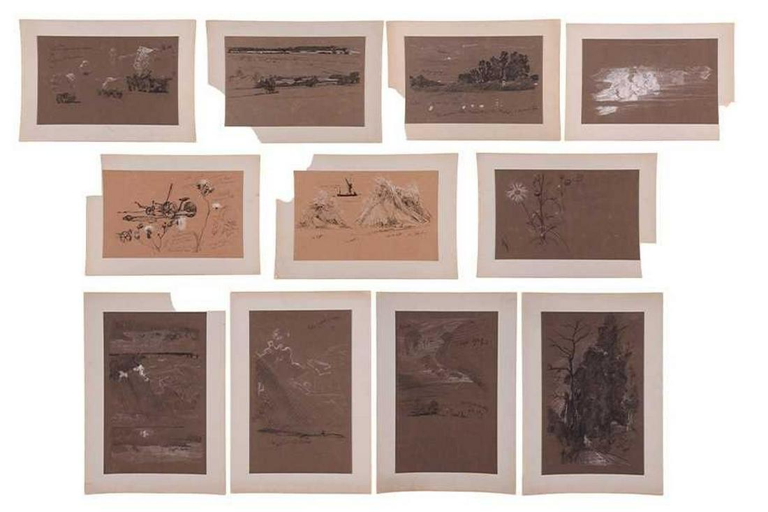 Attributed to Frederick George Cotman (1850 - 1920), a collection of ten preliminary charcoal and: Attributed to Frederick George Cotman (1850 - 1920), a collection of ten preliminary charcoal and chalk sketches, comprising landscapes, boats, haystacks, a plough, hay cart and figures and fauna, mos